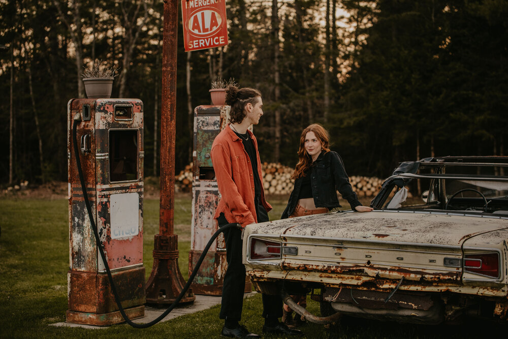 Daphne &amp; Mattias | Vintage Gas Station Couples Session | Old Town, Maine